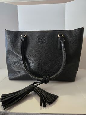 Tory Burch Black Pebbled Leather Tassel Tote.